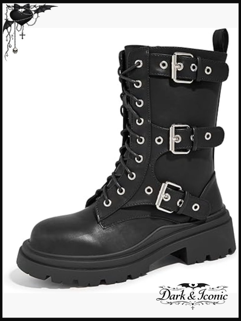 Platform Combat Boots with Side Zipper and Buckles, Chunky Mid Calf Motorcycle